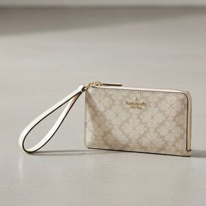 Kate Spade Lucy Spade Flower Small Card Holder Wristlet, Dark Beige New